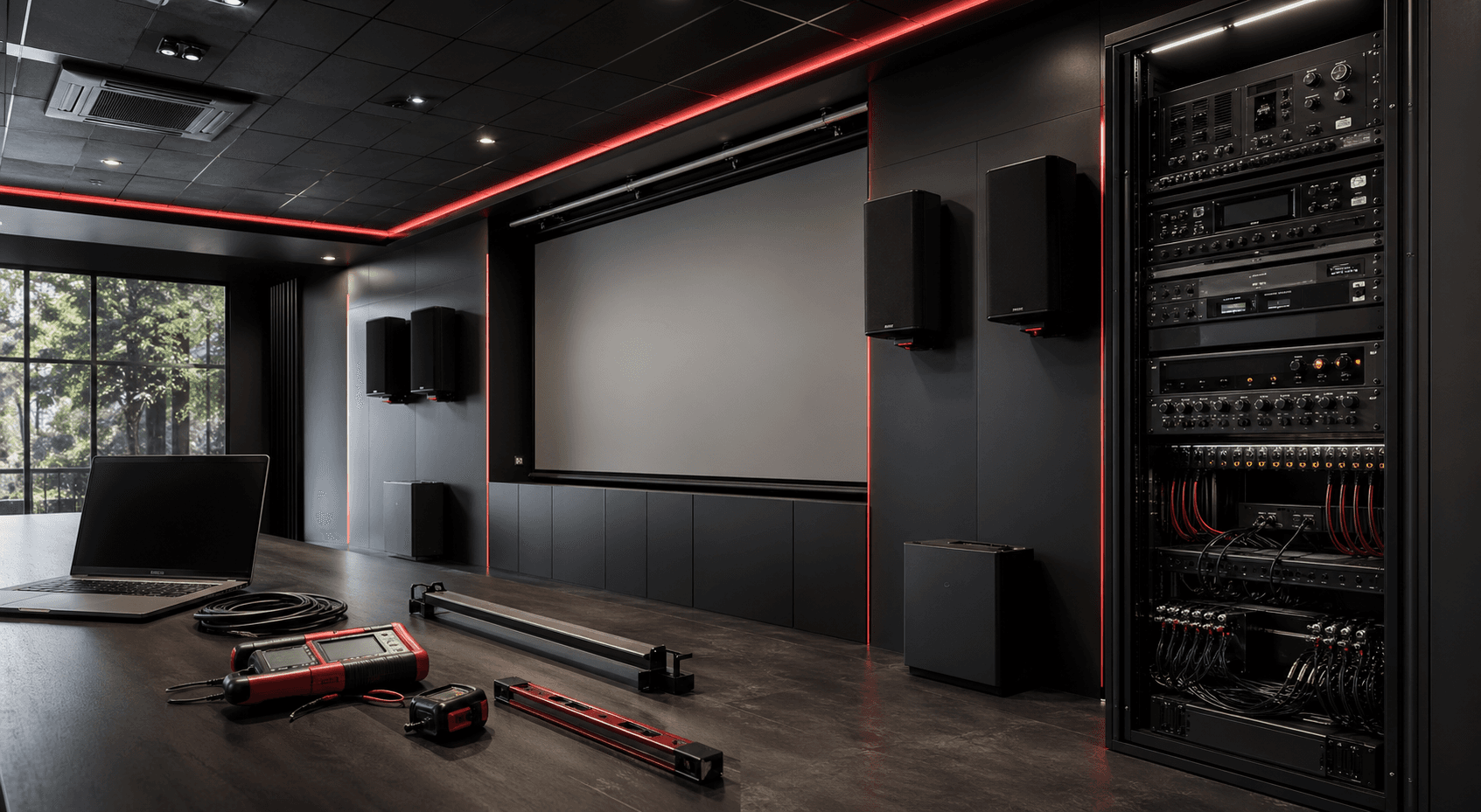 Permanent AV installation with rack equipment, wall-mounted speakers, and clean cable management