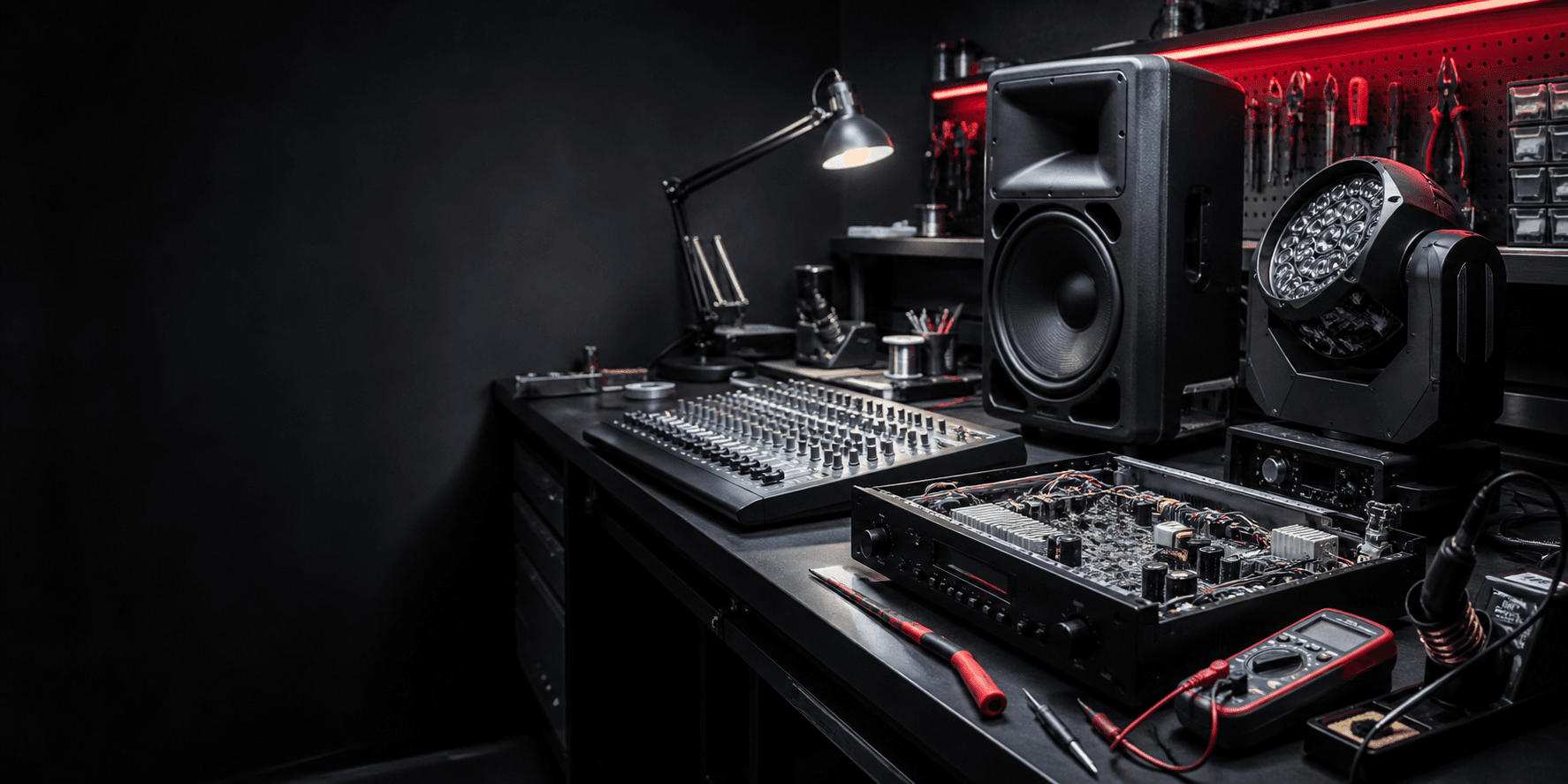 AV repair workshop bench with speakers, mixers, tools, and diagnostic equipment
